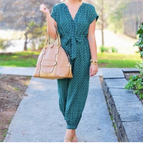 Anthropologie Maeve blue Green Geoscope button up belted Jumpsuit - Picture 9 of 9